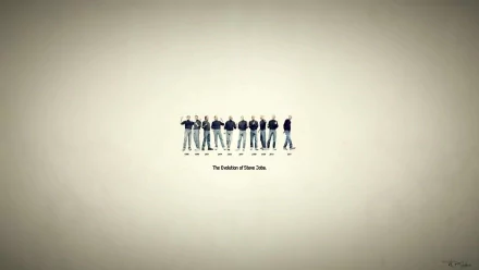 HD wallpaper showing a timeline titled The Evolution of Steve Jobs with multiple images depicting the celebrity, Steve Jobs, in his iconic attire against a minimalist background.