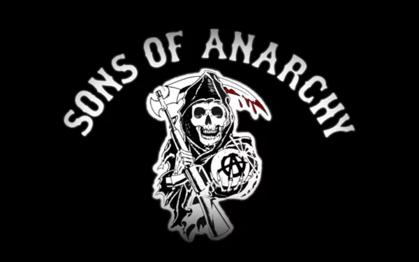 HD desktop wallpaper featuring the iconic Sons of Anarchy logo, depicting a grim reaper with a scythe and an anarchy symbol, set against a dark background.