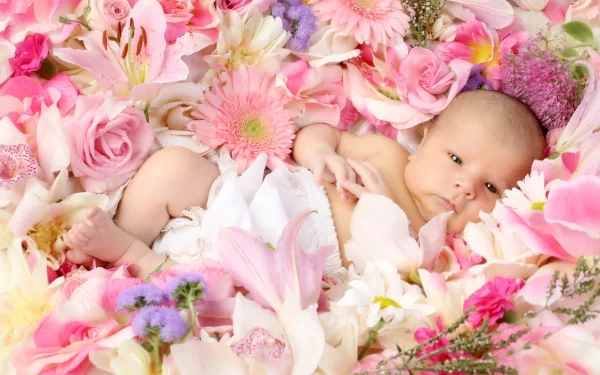 A cute baby nestled among vibrant pink and white flowers, creating a stunning HD desktop wallpaper and background that captures a serene and joyful moment.