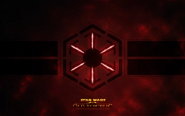 HD background featuring a striking Sith symbol from Star Wars: The Old Republic, set against a dark, dramatic backdrop that embodies the game's immersive universe.
