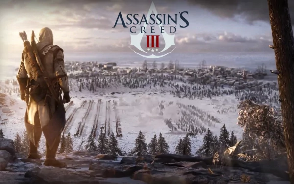 A stunning HD wallpaper from Assassin's Creed III, featuring the protagonist overlooking a snowy landscape and distant town, with the game's logo prominently displayed.