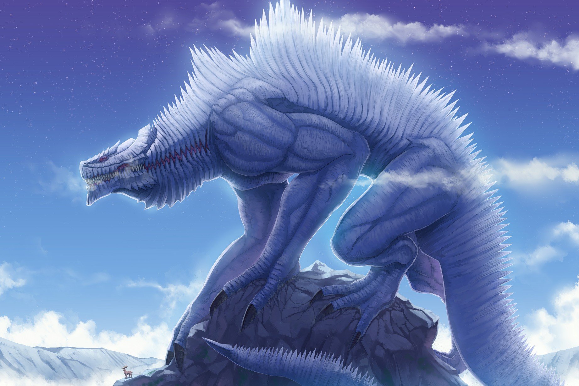 HD fantasy PC desktop wallpaper featuring a powerful, wolf-like creature with sharp fur standing on a rocky peak under a bright blue sky with clouds.