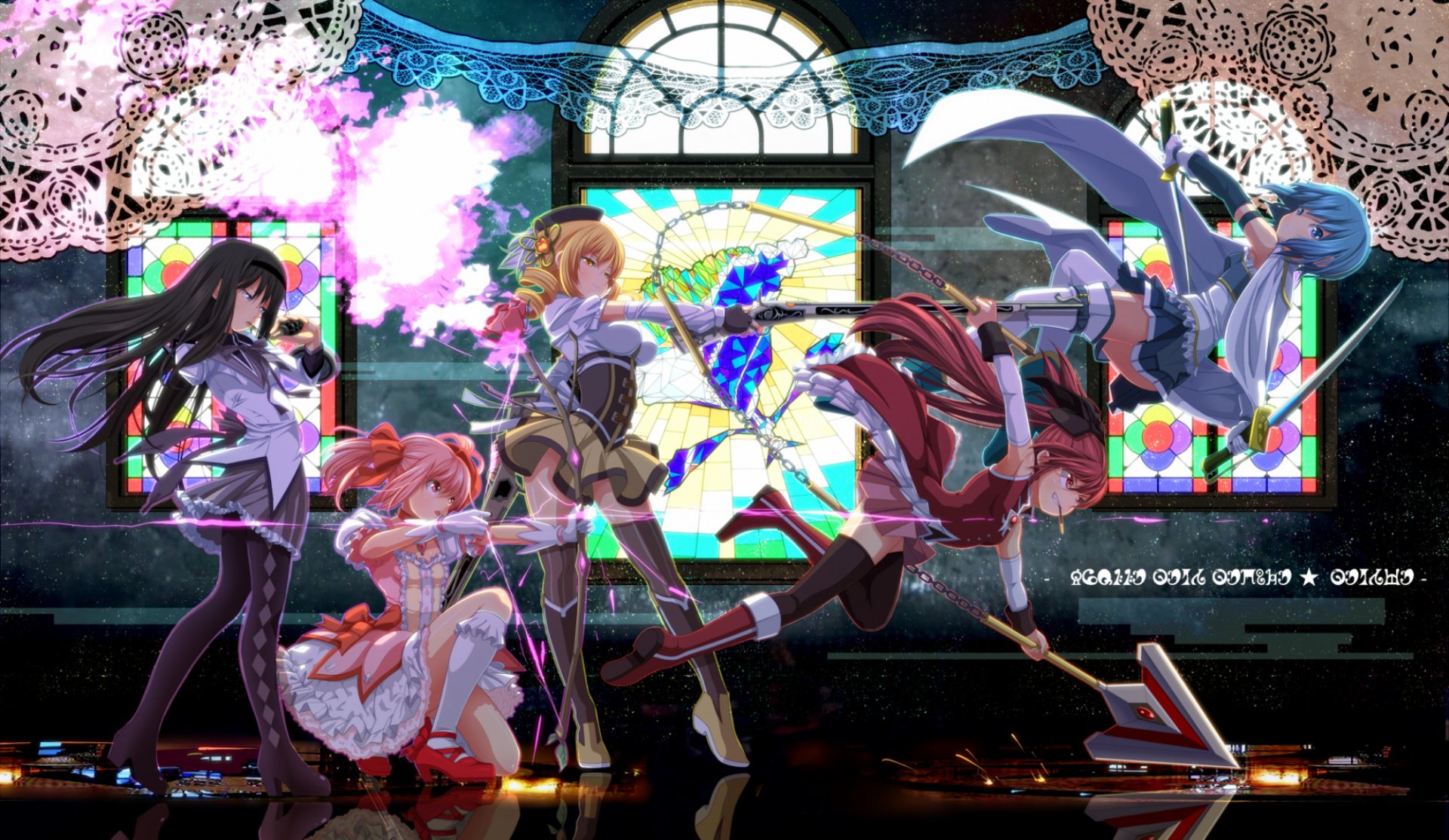 An HD wallpaper featuring Sayaka Miki, Mami Tomoe, Kyōko Sakura, Madoka Kaname, and Homura Akemi from the anime Puella Magi Madoka Magica, showcasing dynamic poses and magical elements.