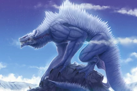 HD fantasy PC desktop wallpaper featuring a powerful, wolf-like creature with sharp fur standing on a rocky peak under a bright blue sky with clouds.
