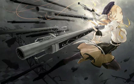 HD desktop wallpaper featuring Mami Tomoe from “Puella Magi Madoka Magica” in an action pose with guns, wearing gloves, boots, and a skirt, set against a dramatic background.