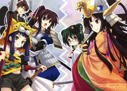 A vibrant HD desktop wallpaper featuring characters from the anime Oda Nobuna No Yabou, showcasing a dynamic mix of historical and fantasy elements.