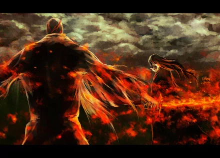 HD PC desktop wallpaper featuring Genryūsai Shigekuni Yamamoto from the anime Bleach, surrounded by intense flames and a stormy sky background.