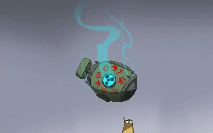 A whimsical HD wallpaper featuring a cartoonish nuclear bomb adorned with symbols, emitting blue smoke, juxtaposed with a humorous, contemplative character.