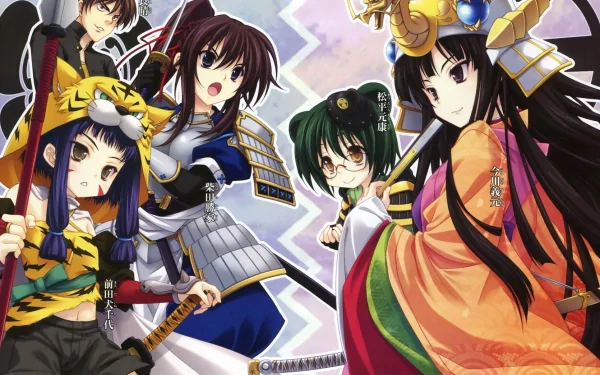 A vibrant HD desktop wallpaper featuring characters from the anime Oda Nobuna No Yabou, showcasing a dynamic mix of historical and fantasy elements.