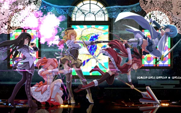 An HD wallpaper featuring Sayaka Miki, Mami Tomoe, Kyōko Sakura, Madoka Kaname, and Homura Akemi from the anime Puella Magi Madoka Magica, showcasing dynamic poses and magical elements.