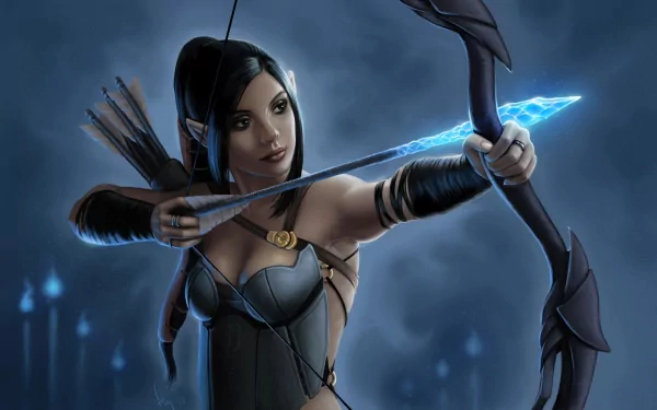 A fantasy-themed HD desktop wallpaper featuring a skilled archer aiming with a glowing bow, set against a mystical blue background.