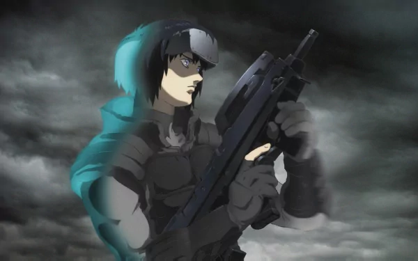 HD PC desktop wallpaper featuring an intense Ghost in the Shell anime character holding a large firearm against a smoky, dark background.