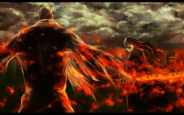 HD PC desktop wallpaper featuring Genryūsai Shigekuni Yamamoto from the anime Bleach, surrounded by intense flames and a stormy sky background.
