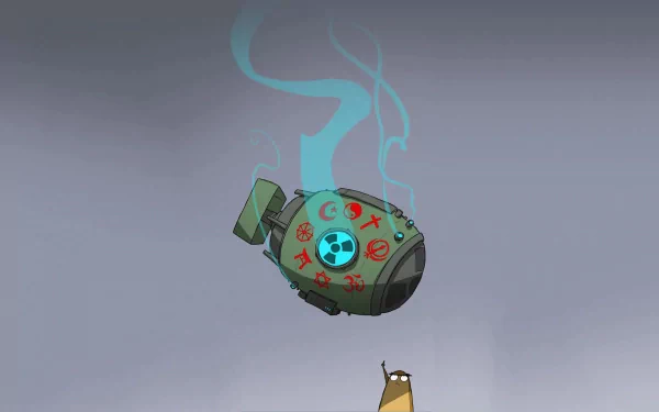 A whimsical HD wallpaper featuring a cartoonish nuclear bomb adorned with symbols, emitting blue smoke, juxtaposed with a humorous, contemplative character.
