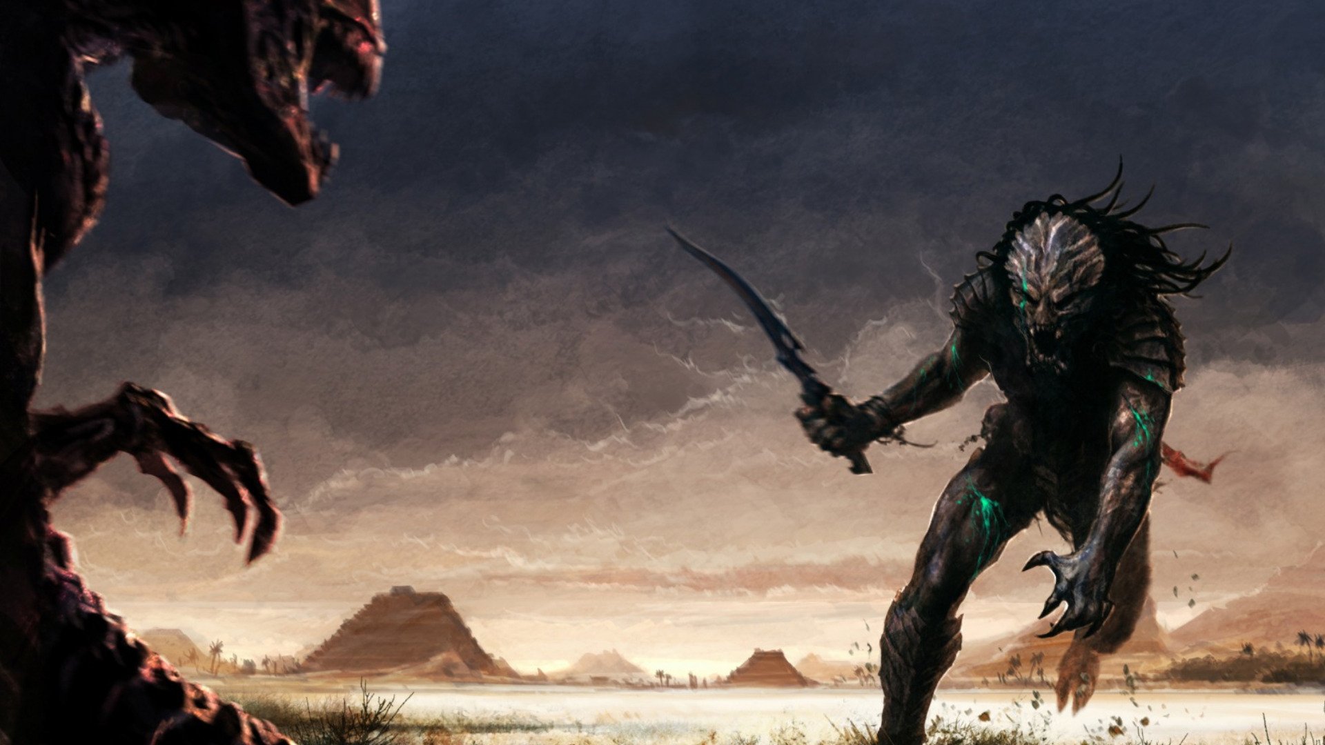 HD sci-fi desktop wallpaper depicting a menacing Predator with a blade confronting a monstrous creature in a desolate, rugged landscape under a cloudy sky.