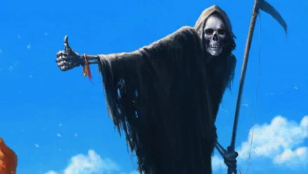 HD PC desktop wallpaper featuring a dark, ominous Grim Reaper giving a thumbs-up against a bright blue sky.