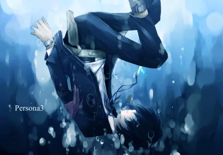 A high-definition wallpaper featuring an underwater scene with a character in a suit, inspired by the video game Persona 3. The atmosphere is tranquil and introspective.