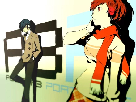 HD PC desktop wallpaper for the video game Persona 3 Portable: stylized artwork of the game's male and female protagonists against a minimalist graphic backdrop.