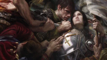 Fantasy HD PC desktop wallpaper: armored woman with a cross pendant gazes upward as rough hands clutch her amid a chaotic, painterly crowd.