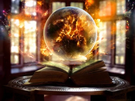 A captivating HD background featuring a mystical scene: an open book with a glowing, fiery orb above, surrounded by enchanting light and fantasy elements.