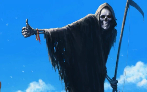 HD PC desktop wallpaper featuring a dark, ominous Grim Reaper giving a thumbs-up against a bright blue sky.