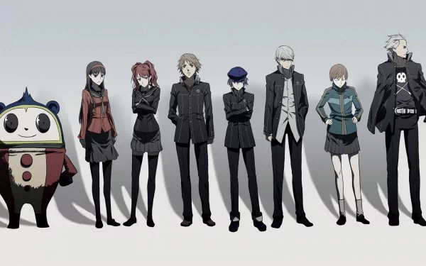A stylish HD desktop wallpaper featuring characters from the video game Persona 4, showcasing a variety of unique outfits and poses against a minimalist background.