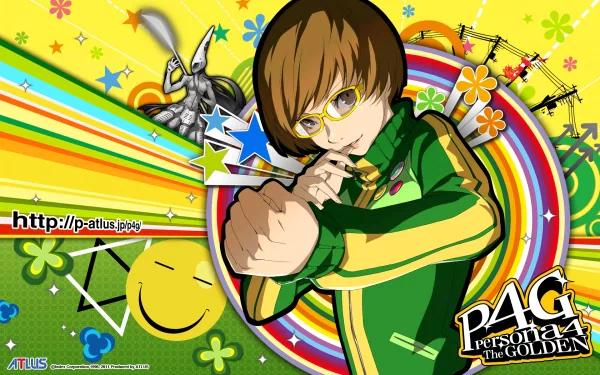 HD PC desktop wallpaper featuring Chie Satonaka from Persona 4 Golden, showcasing vibrant colors and dynamic design inspired by the Persona 4 video game.