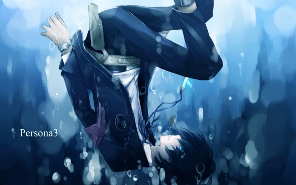 A high-definition wallpaper featuring an underwater scene with a character in a suit, inspired by the video game Persona 3. The atmosphere is tranquil and introspective.