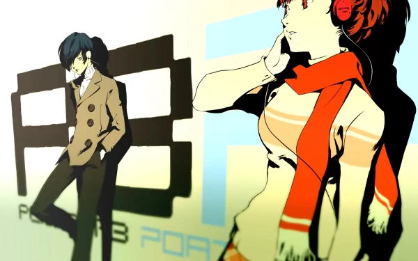 HD PC desktop wallpaper for the video game Persona 3 Portable: stylized artwork of the game's male and female protagonists against a minimalist graphic backdrop.