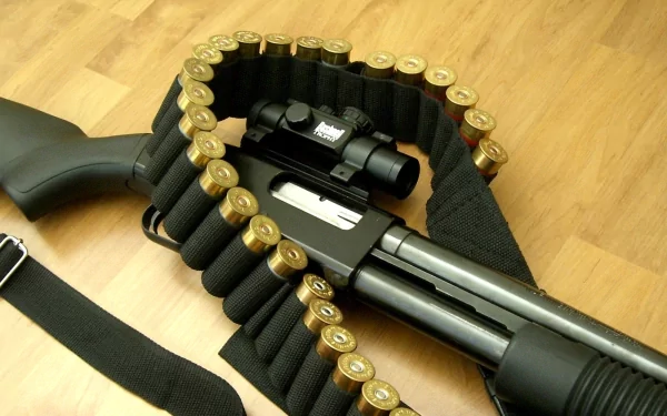 A detailed close-up of a shotgun with a red dot sight, surrounded by a belt loaded with ammunition, creating a striking HD desktop wallpaper background.