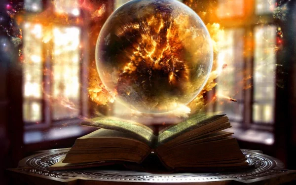 A captivating HD background featuring a mystical scene: an open book with a glowing, fiery orb above, surrounded by enchanting light and fantasy elements.