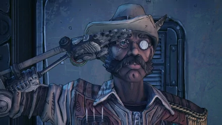 HD PC desktop wallpaper from the video game Borderlands 2 featuring a robotic character with a mustache and hat saluting against a metallic background.