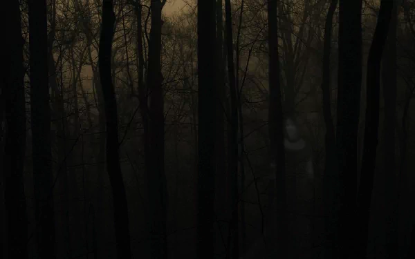 HD PC desktop wallpaper featuring a spooky, haunted forest with ghostly figures, capturing the eerie atmosphere of Halloween and the holiday's ghostly theme.