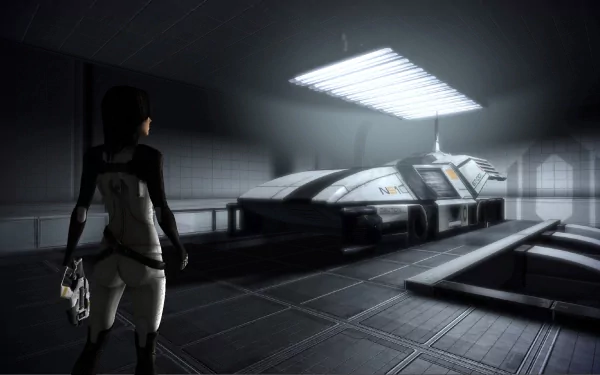 Miranda Lawson stands in a futuristic, dimly lit environment, gazing at a sleek spacecraft, inspired by the video game Mass Effect 3. This HD wallpaper captures the game's sci-fi aesthetic.