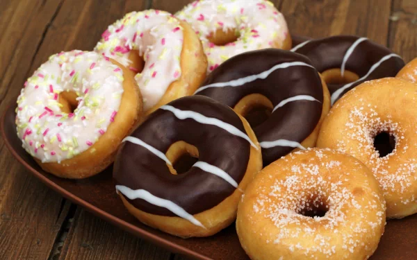 A delicious assortment of doughnuts in various flavors, including chocolate and sprinkles, displayed on a wooden plate, serving as a vibrant 4K Ultra HD desktop wallpaper.