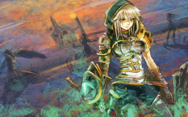 Riven from League of Legends stands confidently in an HD desktop wallpaper, surrounded by a vibrant, colorful background that captures the essence of the video game.