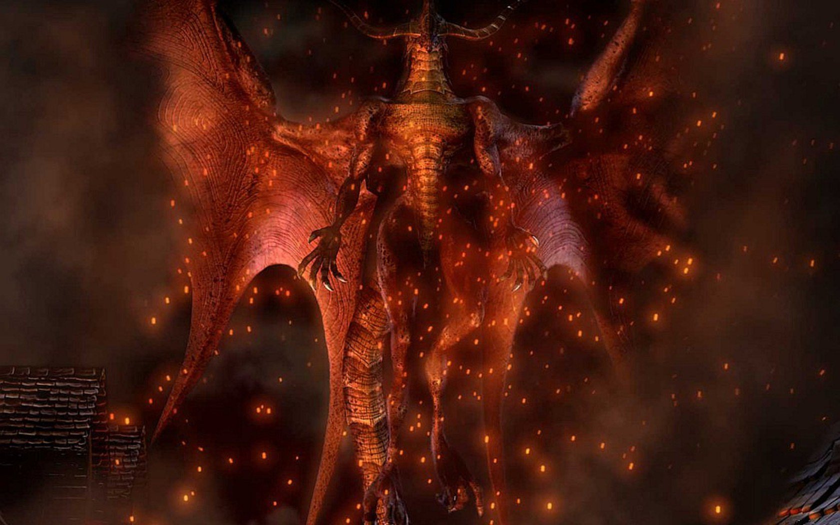 A stunning HD wallpaper featuring a fiery fantasy creature with large wings and a dramatic presence, surrounded by glowing sparks in a dark, enchanted atmosphere.
