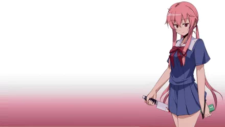 Yuno Gasai from the anime Mirai Nikki stands in a blue school uniform, holding a knife, against a gradient background. This HD wallpaper captures her intense character.