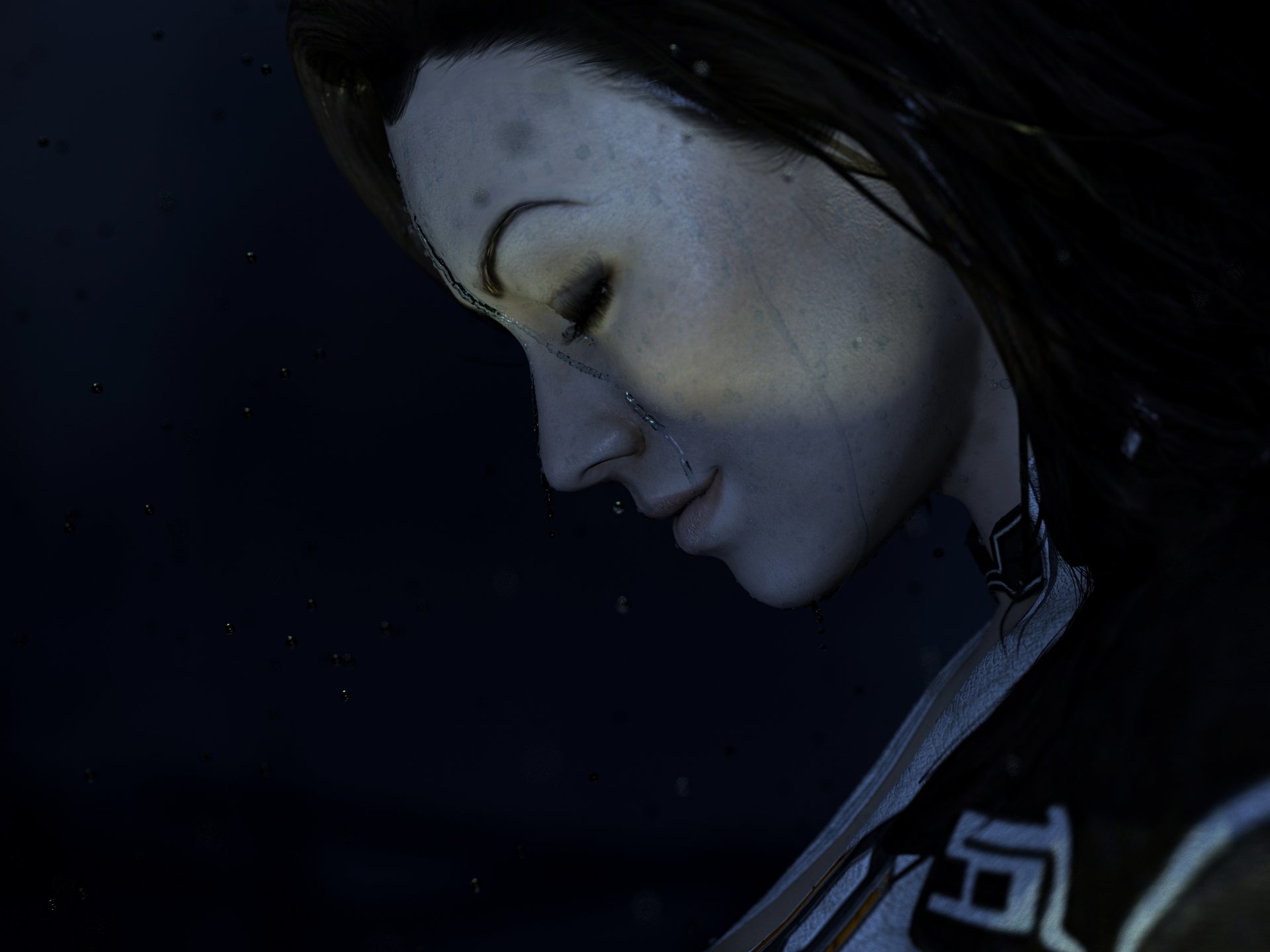 Side-profile portrait of Miranda Lawson from the video game Mass Effect 2, rendered as a 4K Ultra HD PC desktop wallpaper with moody, cinematic lighting.