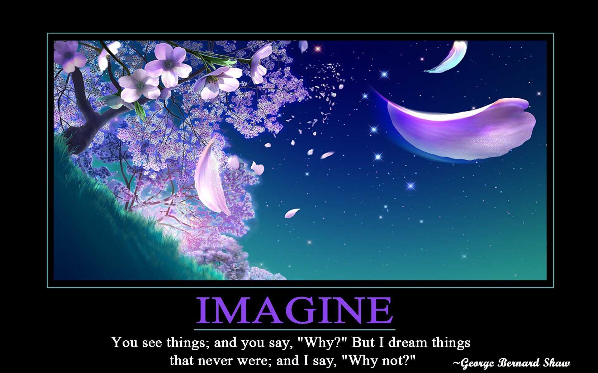 A vibrant HD wallpaper featuring blooming flowers and a starry night sky, with the inspirational quote Imagine by George Bernard Shaw, encourages creativity and dreaming without limits.