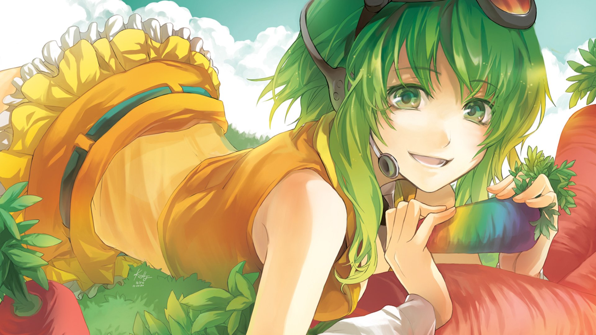 HD anime summer-themed desktop wallpaper featuring GUMI from Vocaloid with vibrant green hair and a cheerful expression in a bright outdoor setting.
