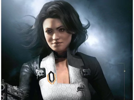 HD PC desktop wallpaper featuring Miranda Lawson from the video game Mass Effect 2, showcasing her confident expression and futuristic outfit against a moody backdrop.
