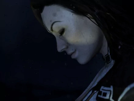 Side-profile portrait of Miranda Lawson from the video game Mass Effect 2, rendered as a 4K Ultra HD PC desktop wallpaper with moody, cinematic lighting.
