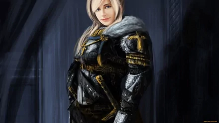 HD fantasy desktop wallpaper featuring a confident woman warrior in detailed dark armor with a fur collar, set against a shadowy background.
