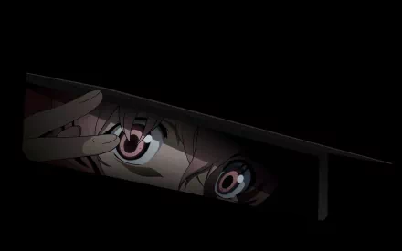 Close-up of a character's intense eyes peering from the shadows, featured in a dramatic scene from the anime Mirai Nikki, set as a high-definition desktop wallpaper.
