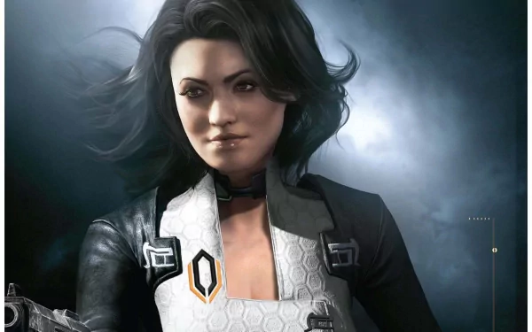 HD PC desktop wallpaper featuring Miranda Lawson from the video game Mass Effect 2, showcasing her confident expression and futuristic outfit against a moody backdrop.