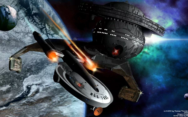 A stunning 3D HD wallpaper featuring a battle scene in space with the USS Enterprise and a Klingon ship, capturing the essence of sci-fi adventure from Star Trek.