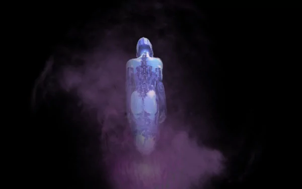 Cortana from Halo stands in a mystical, ethereal glow amidst a swirling purple mist, creating a captivating HD desktop wallpaper for fans of the iconic video game series.