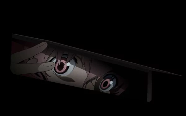Close-up of a character's intense eyes peering from the shadows, featured in a dramatic scene from the anime Mirai Nikki, set as a high-definition desktop wallpaper.