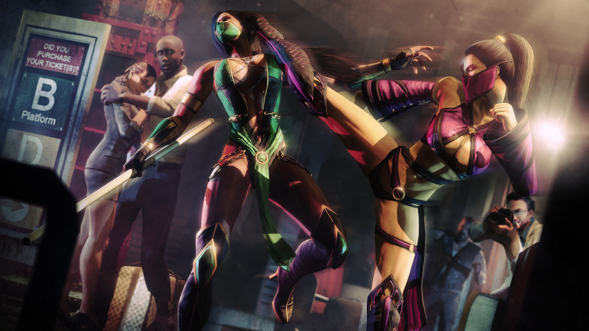 HD PC desktop wallpaper featuring intense Mortal Kombat video game characters engaged in combat on a dark urban street.